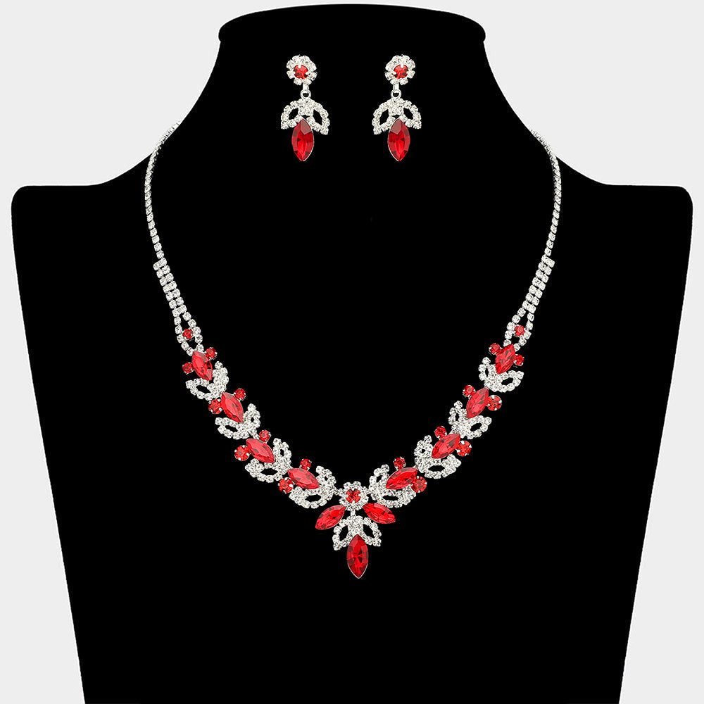 Marquise Stone Cluster Leaf Drop Rhinestone Paved Necklace