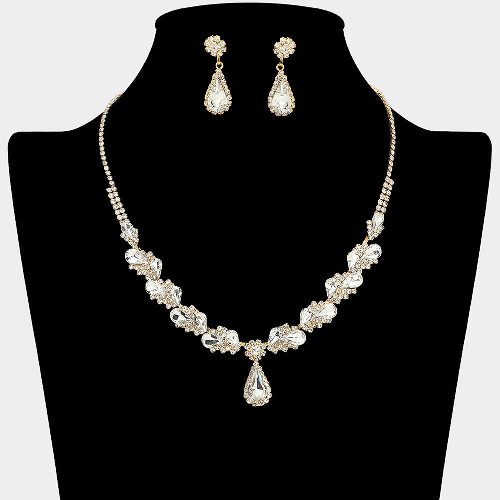 Teardrop Stone Pendant Accent Marquise Flower Stone Cluster Embellished Necklace
