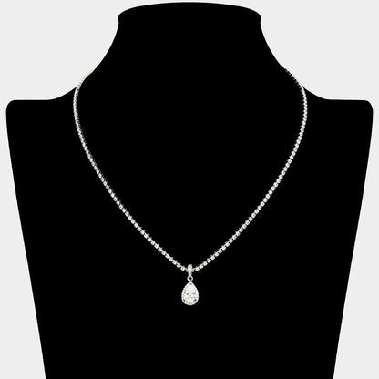 Teardrop CZ Stone Pendant Rhinestone Paved Necklace