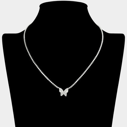 Dainty Butterfly CZ Stone Pendant Accent Rhinestone Paved Necklace