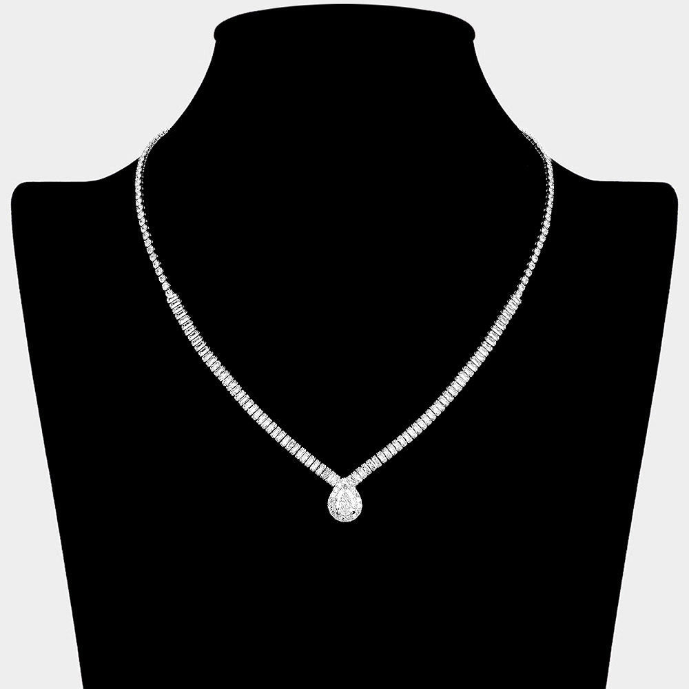 Teardrop CZ Stone Pendant Accent Baguette Stone Cluster Rhinestone Paved Necklace