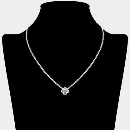 Quatrefoil CZ Stone Pendant Accent Rhinestone Paved Necklace