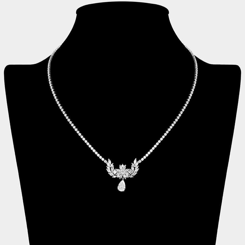 Floral Laurel CZ Stone Cluster Accent Teardrop Cluster Dangle Rhinestone Paved Necklace
