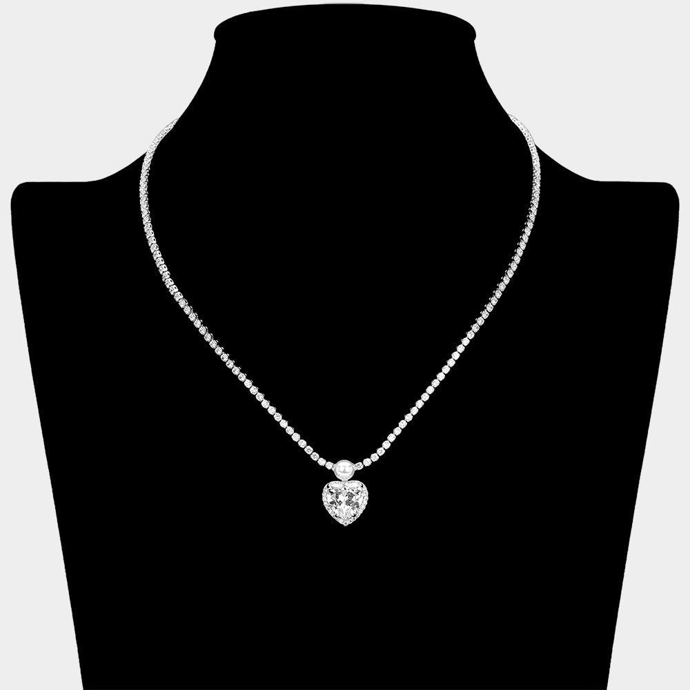 Heart CZ Stone Charm Drop Rhinestone Necklace