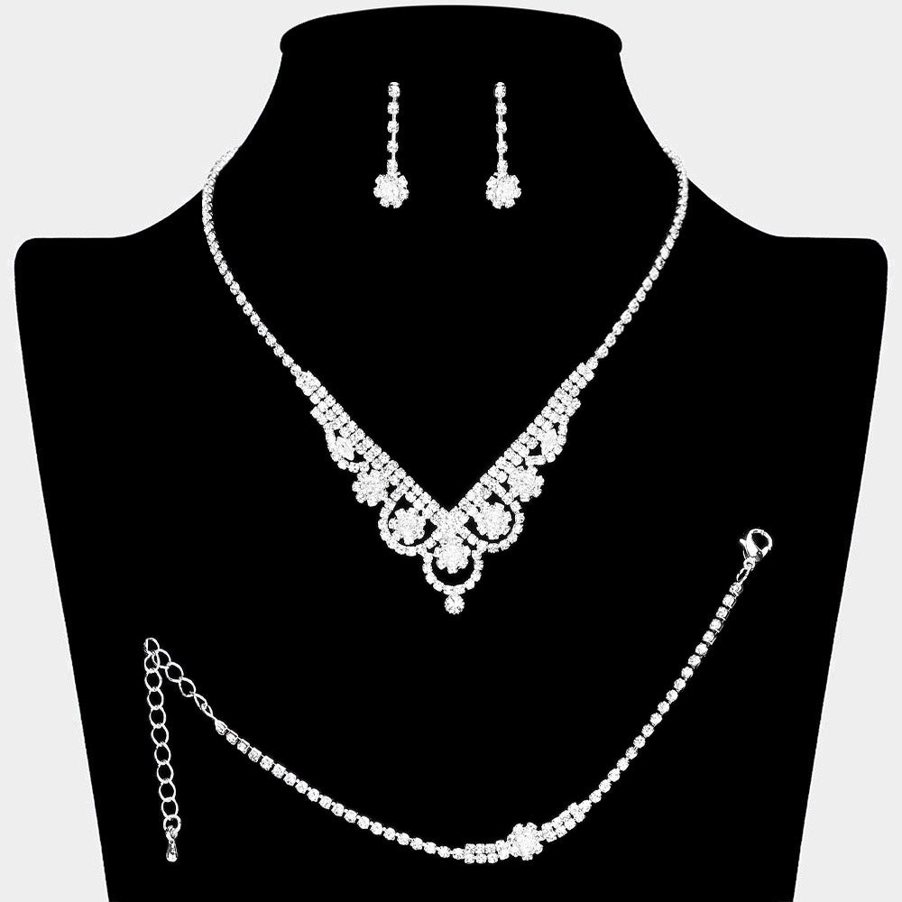 CZ Flower Pointed Rhinestone Paved Necklace Jewelry Set