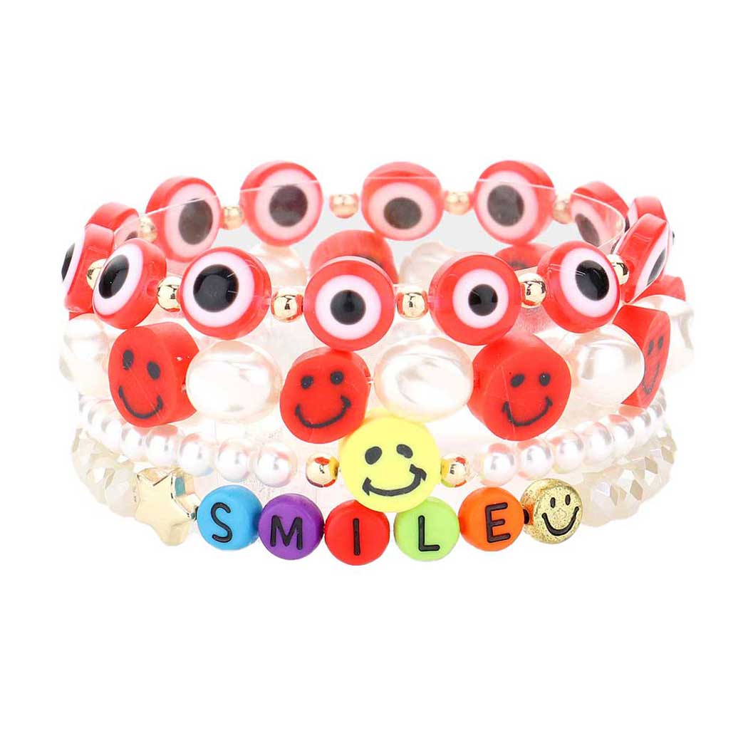 4PCS Freshwater Pearl Evil Eye Beaded Stretch Bracelets