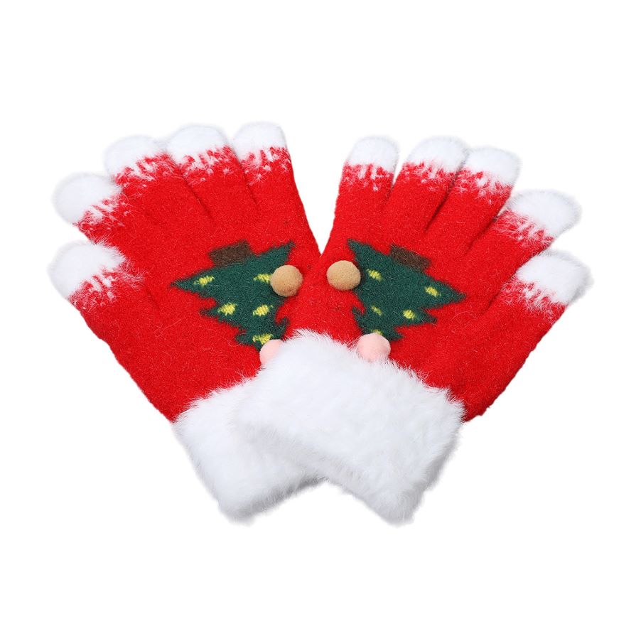 Cozy Fuzzy Pom Pom Christmas Tree Accent Winter Gloves