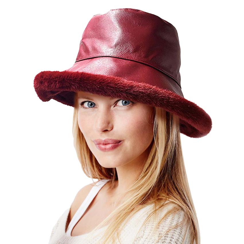 Faux Fur Inside Brim Solid Bucket Hat