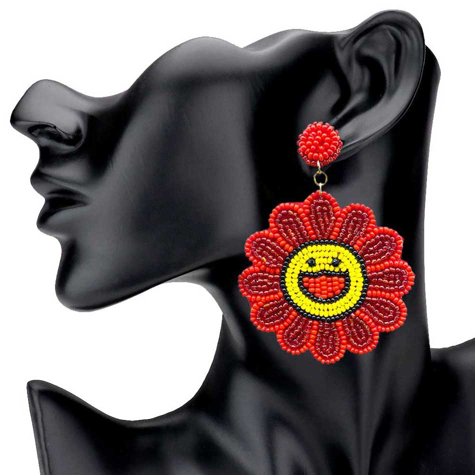 Felt Back Seed Beaded Smile Flower Dangle Earrings