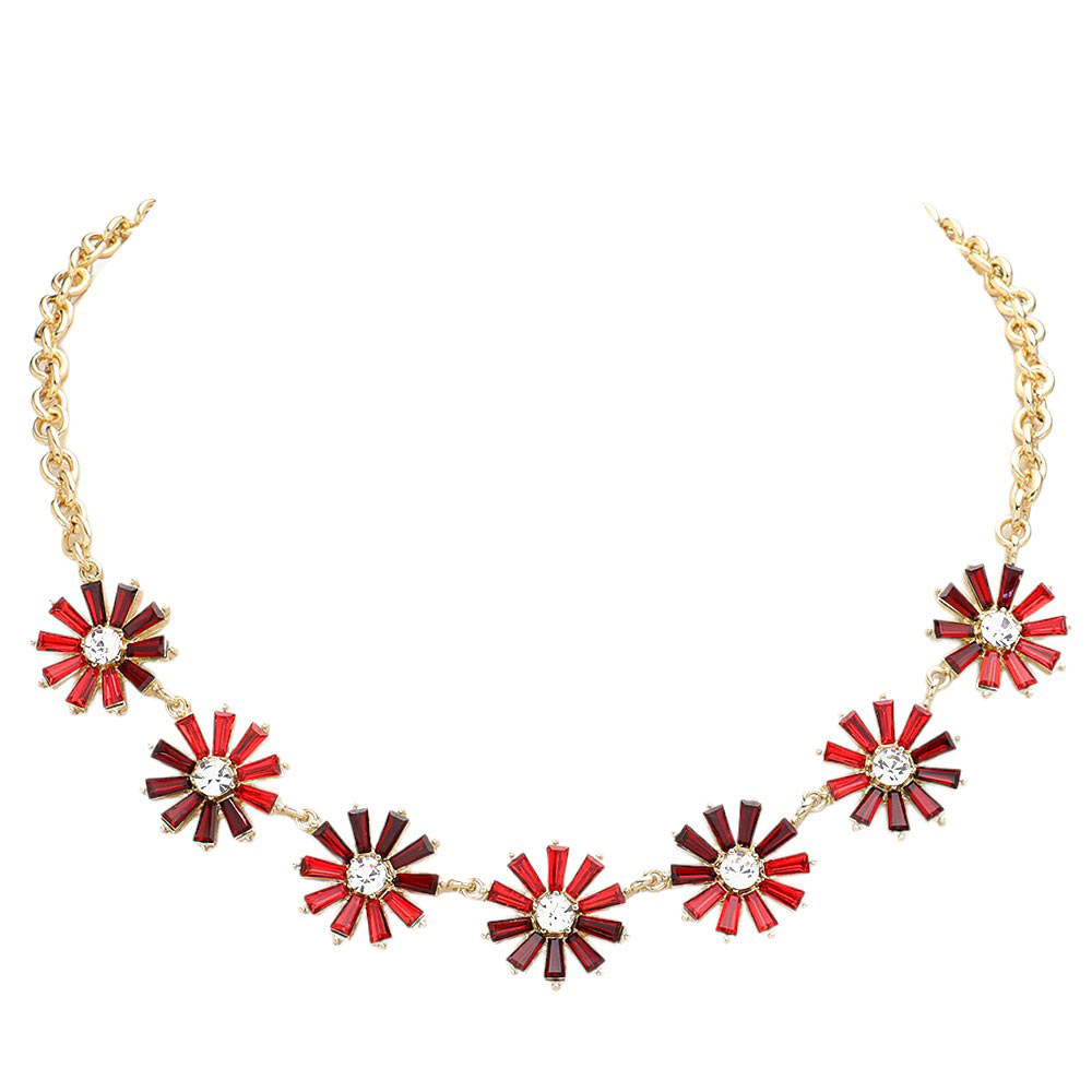Glass Stone Embellished Flower Cluster Link Necklace