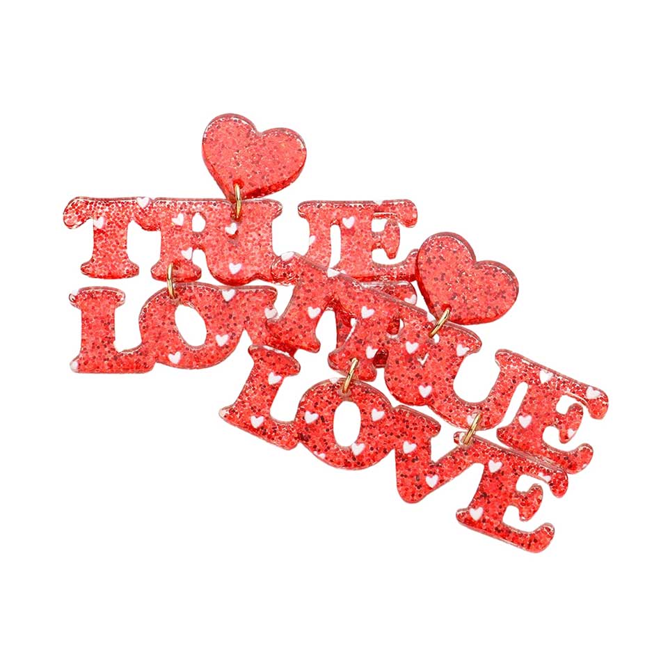 Glittered Heart TRUE LOVE Message Link Dangle Earrings