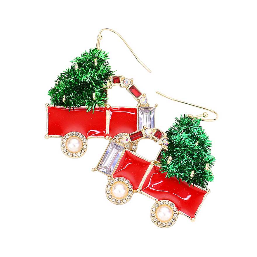 Enamel Stone Embellished Christmas Cart Dangle Earrings