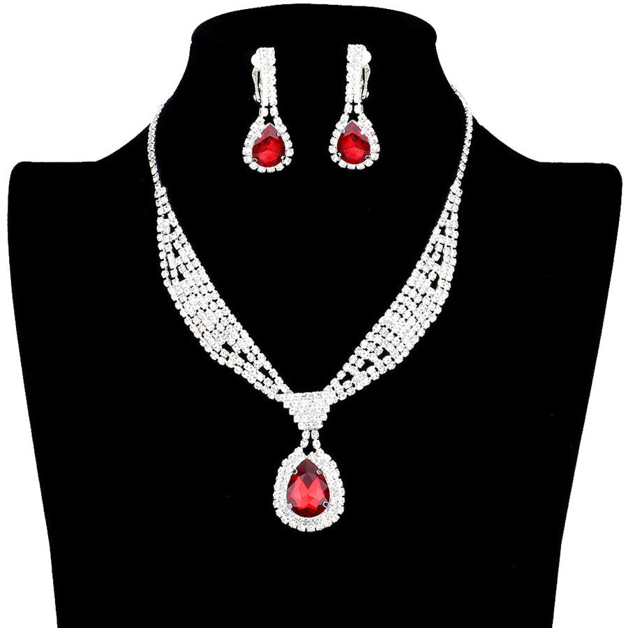Rhinestone Pave Teardrop Collar Necklace & Clip Earring Set