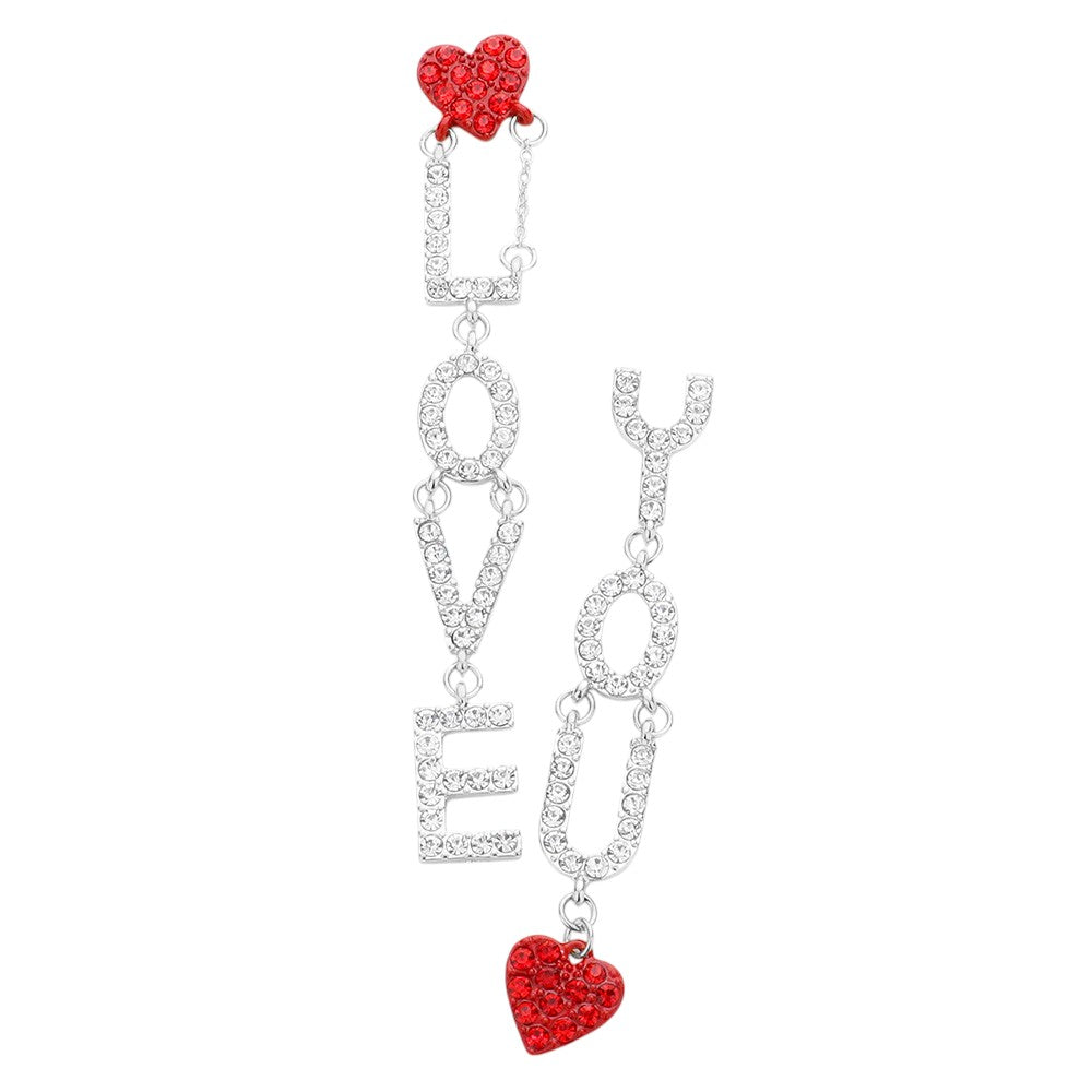 Pendientes Colgantes Desiguales Corazón con Mensaje "LOVE YOU" con Incrustaciones de Diamantes de Imitación