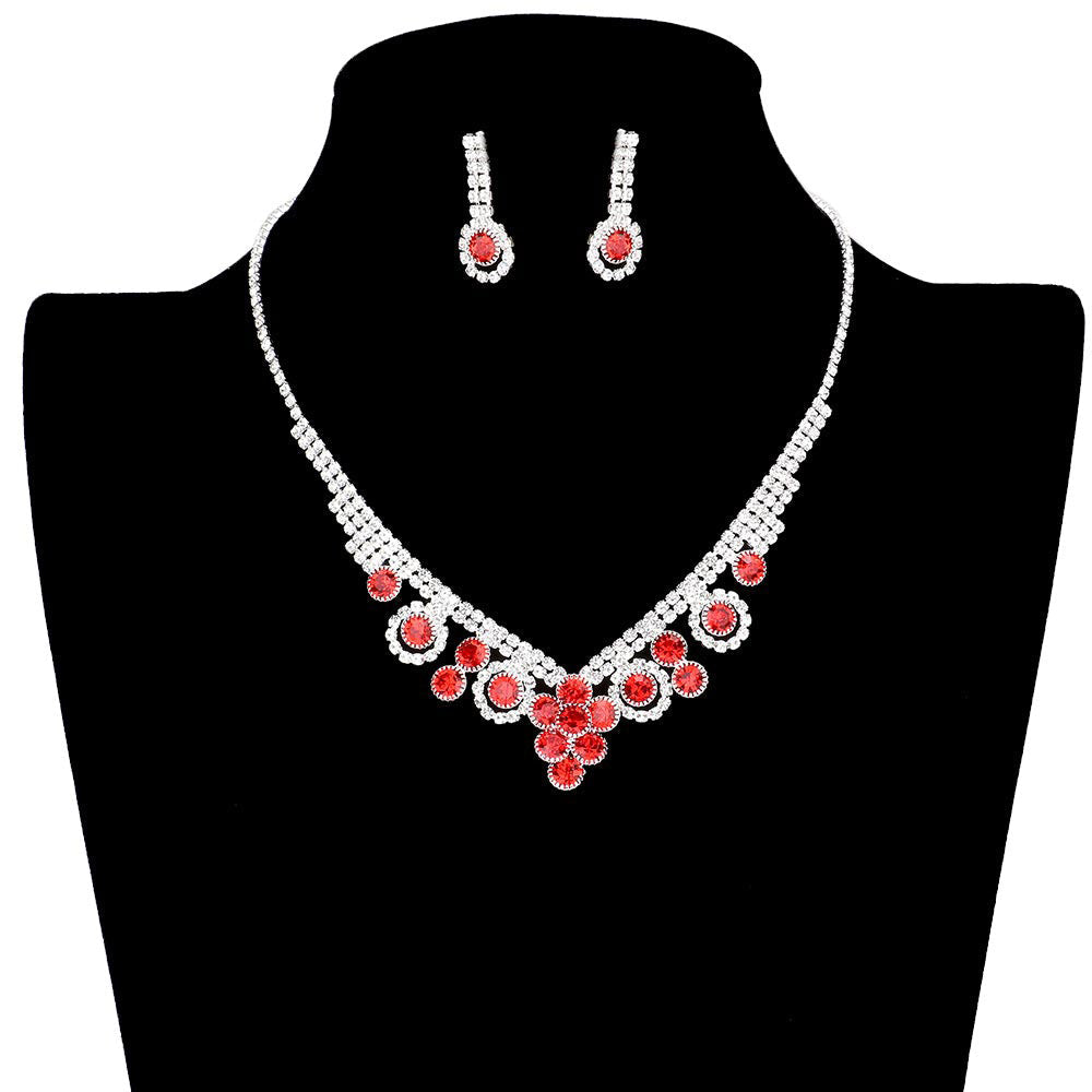 Round Stone Flower Accented Rhinestone Pave Necklace