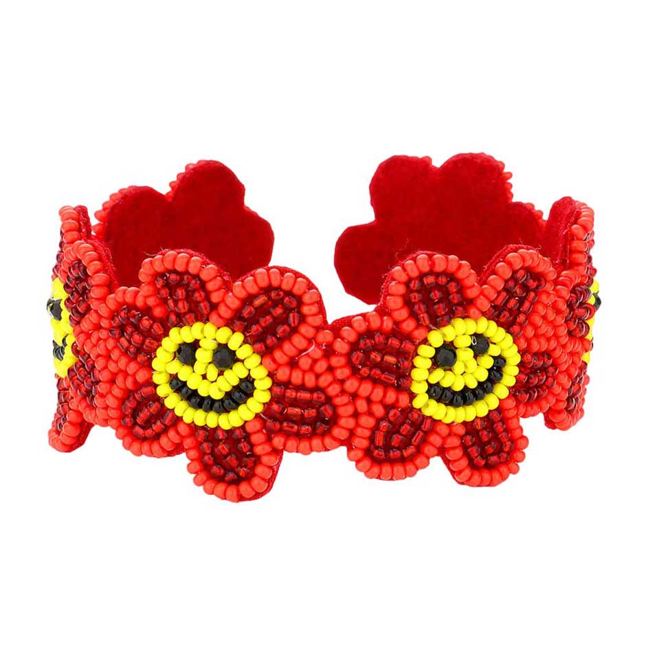 Seed Beaded Smile Flower Cuff Bracelet