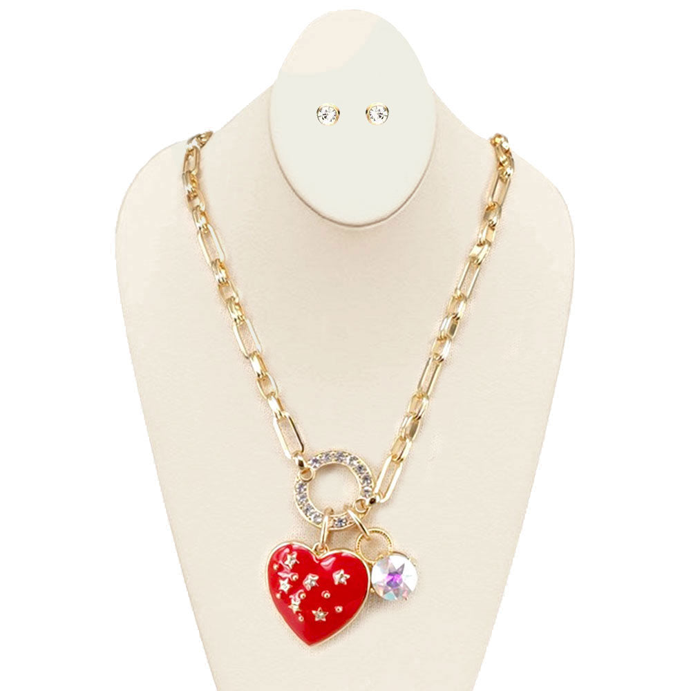 Star Pointed Enamel Heart Round Stone Pendant Necklace