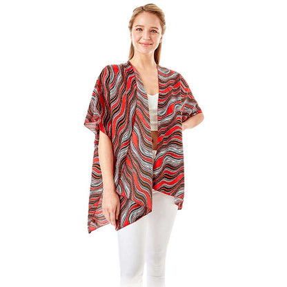Wavy Printed Lurex Cover Up Poncho Kimono Poncho