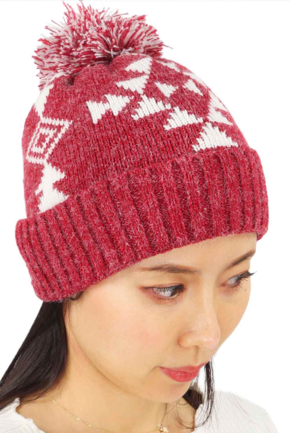 Aztec Pattern Knit Beanie With Pompom