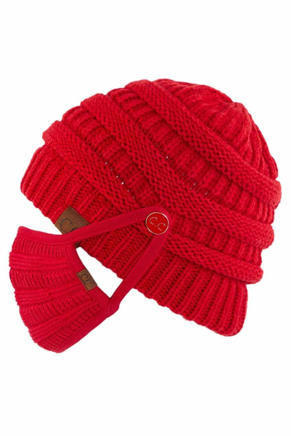 C.C Ribbed Knit Beanie With Mask Button