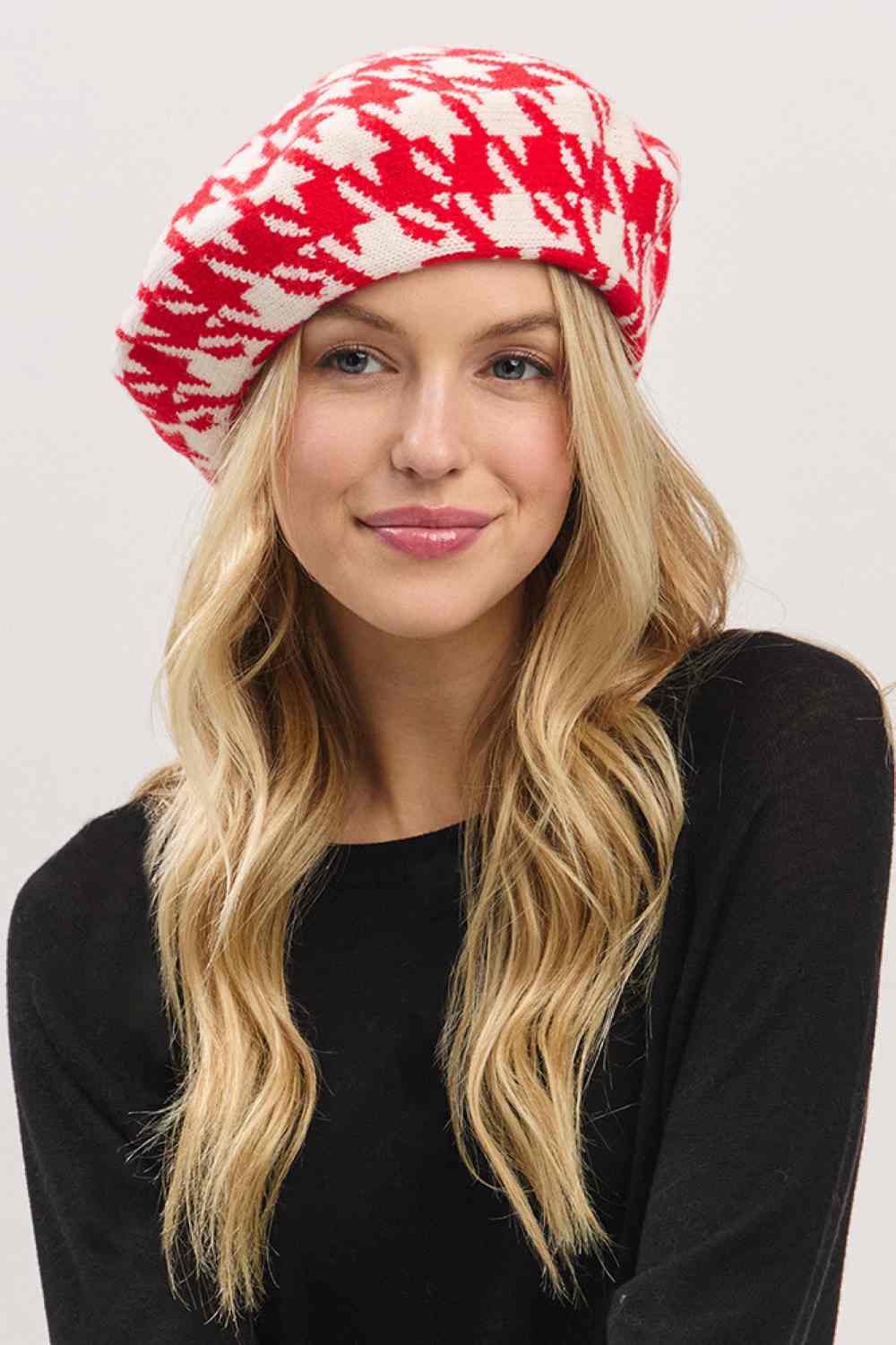 Houndstooth Pattern Two Tone Knit Beret
