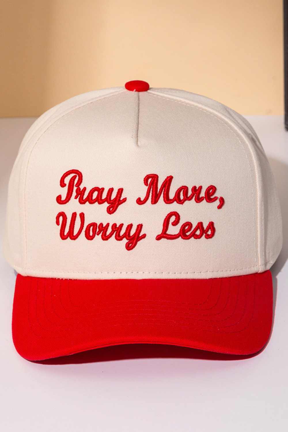 PRAY MORE, WORRY LESS Embroidered Letter Two Tone Cap