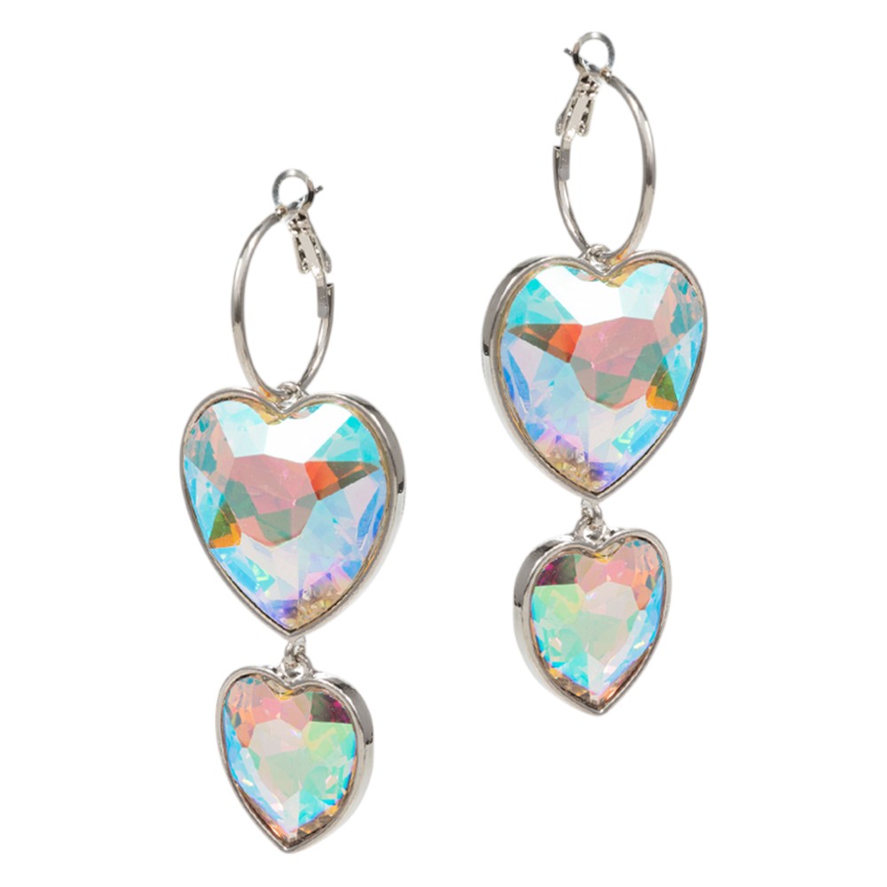 Crystal Stone Double Heart Link  Dropdown Earrings