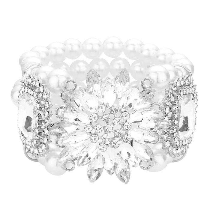Pulsera Elástica de Perlas con Flores y Piedras
