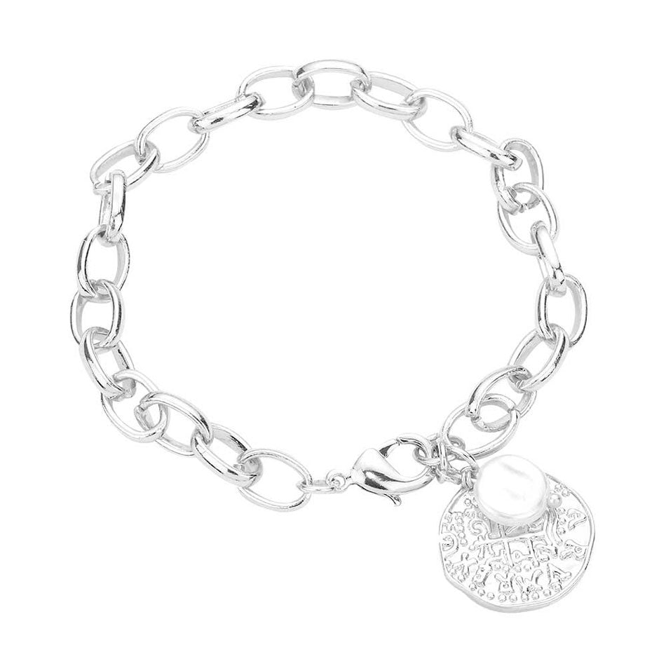 Freshwater Pearl Irregular Metal Round Charm Bracelet