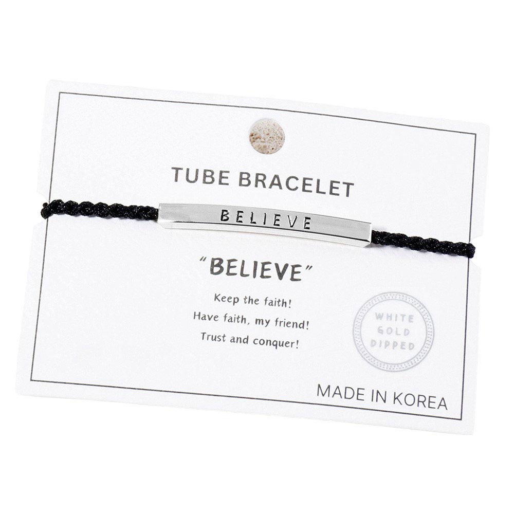 Gold Dipped Believe Message Bar Rope Pull Tie Bracelet