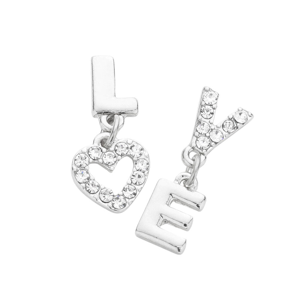 LOVE Rhinestone Message Mismatched Dangle Earrings