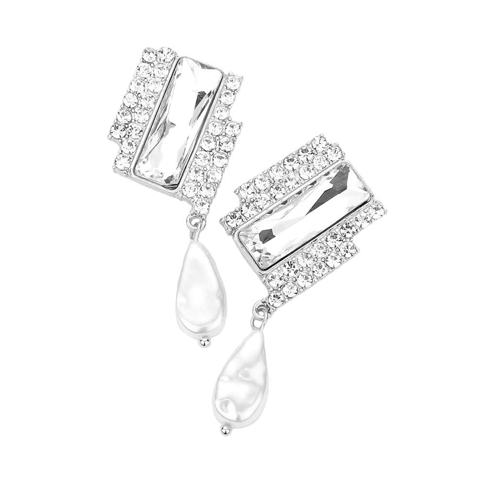 Rectangle Stone  Freshwater Pearl Dangle Evening Earrings