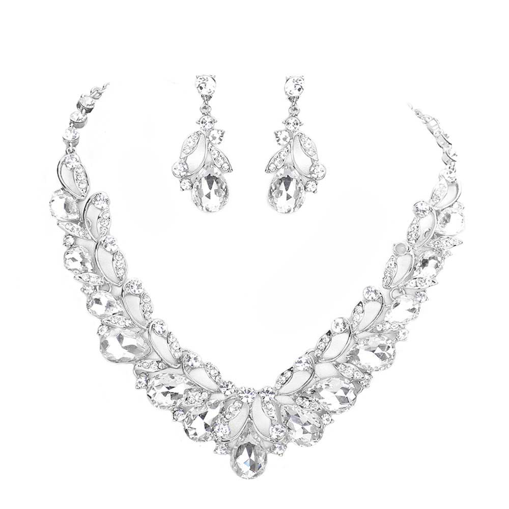 Teardrop Accented Stone Embellished Leaf Evening Necklace