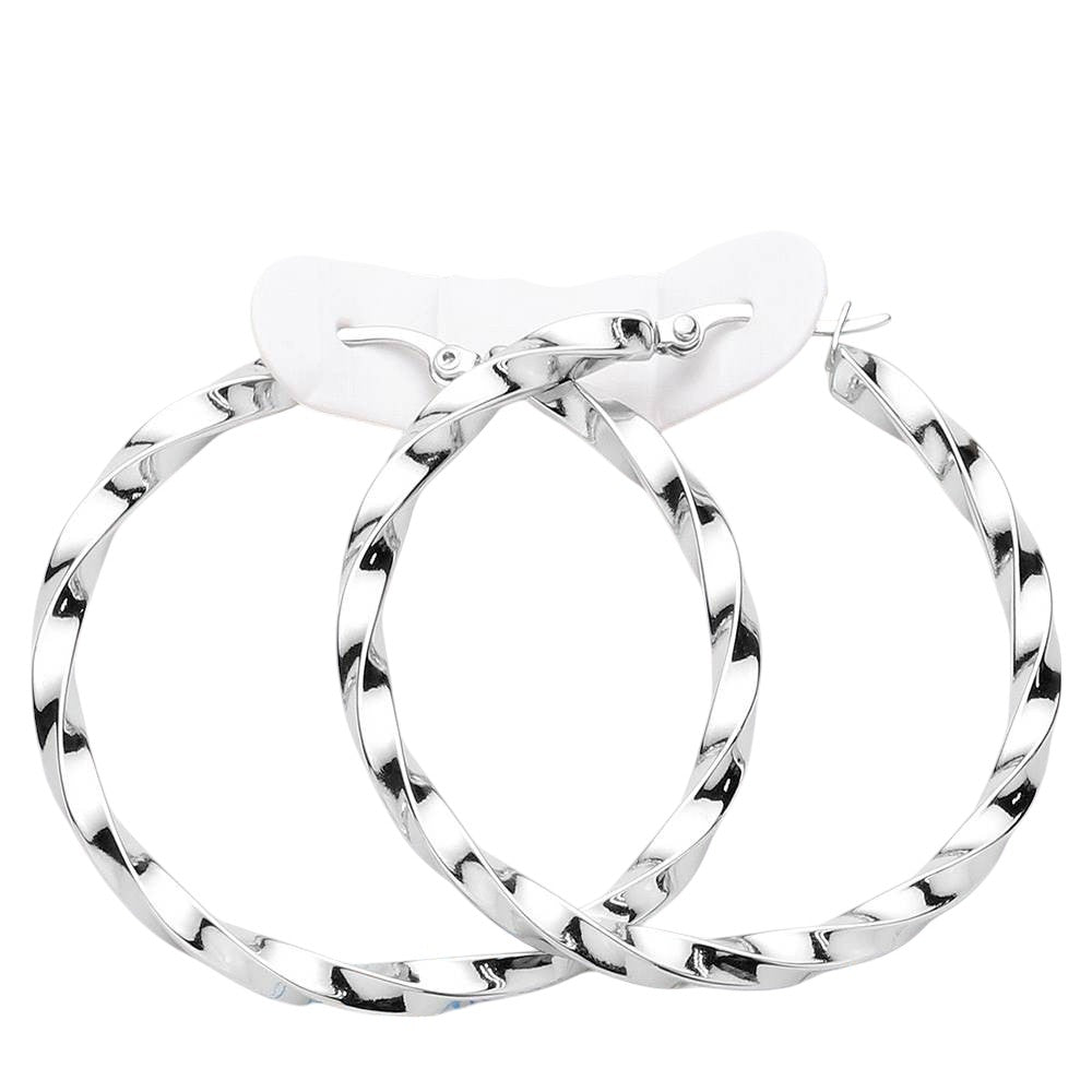 Twisted Stainless Steel Hoop Pin Catch Earrings