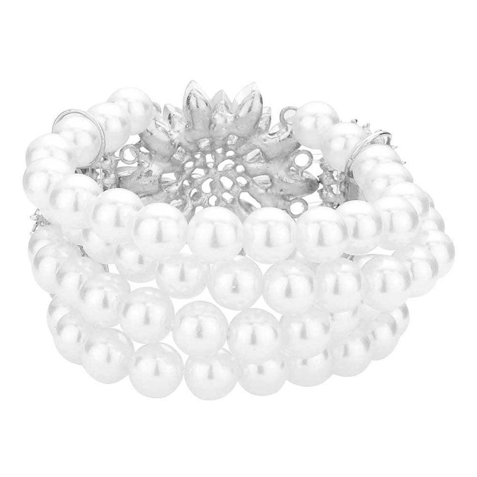 Pulsera Elástica de Perlas con Flores y Piedras