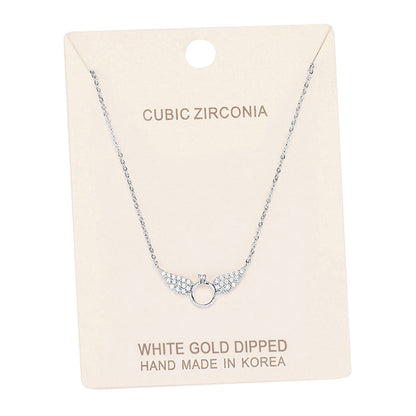 White Gold Dipped Cubic Zirconia Wings Pendant Necklace