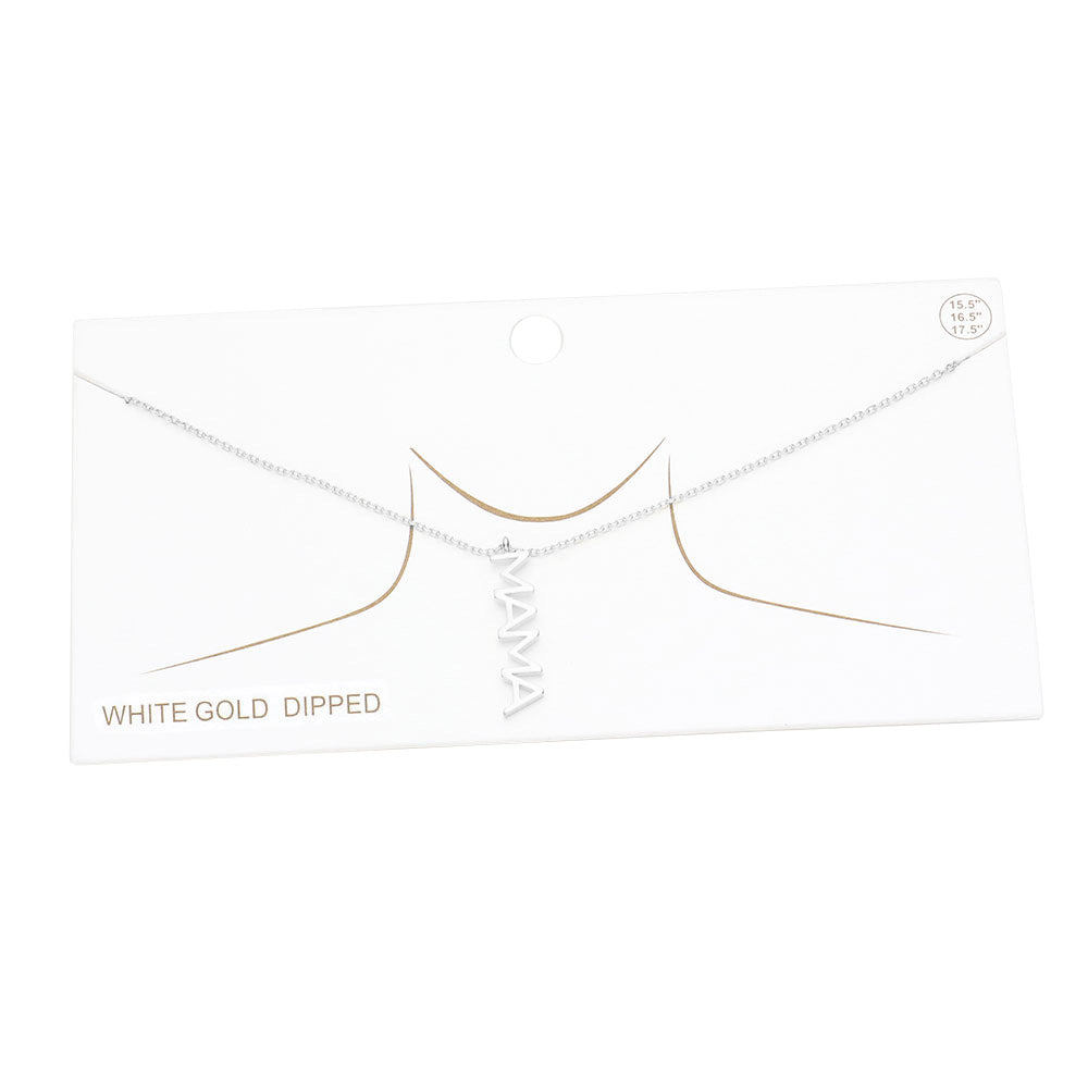 White Gold Dipped Mama Metal Message Pendant Necklace