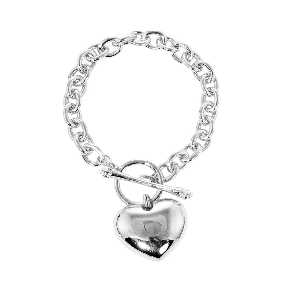 White Gold Dipped Metal Heart Charm Toggle Bracelet