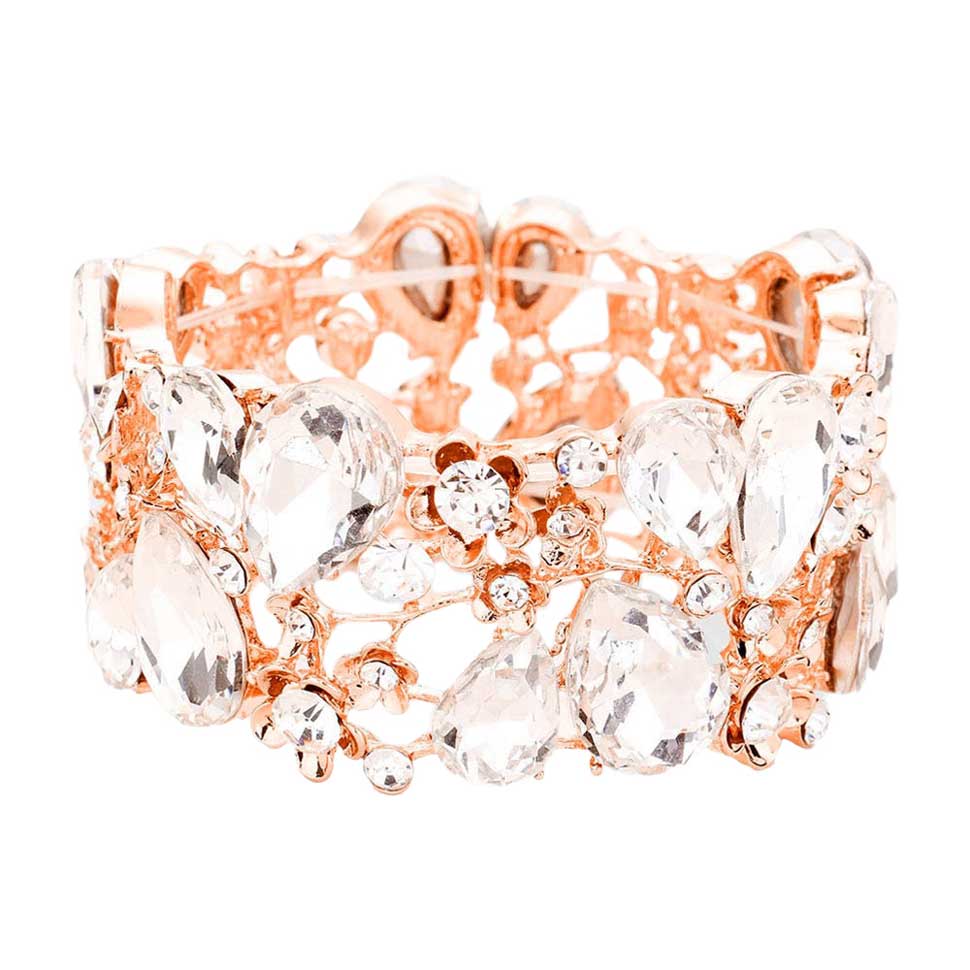 Glass Crystal Teardrop Floral Stretch Evening Bracelet