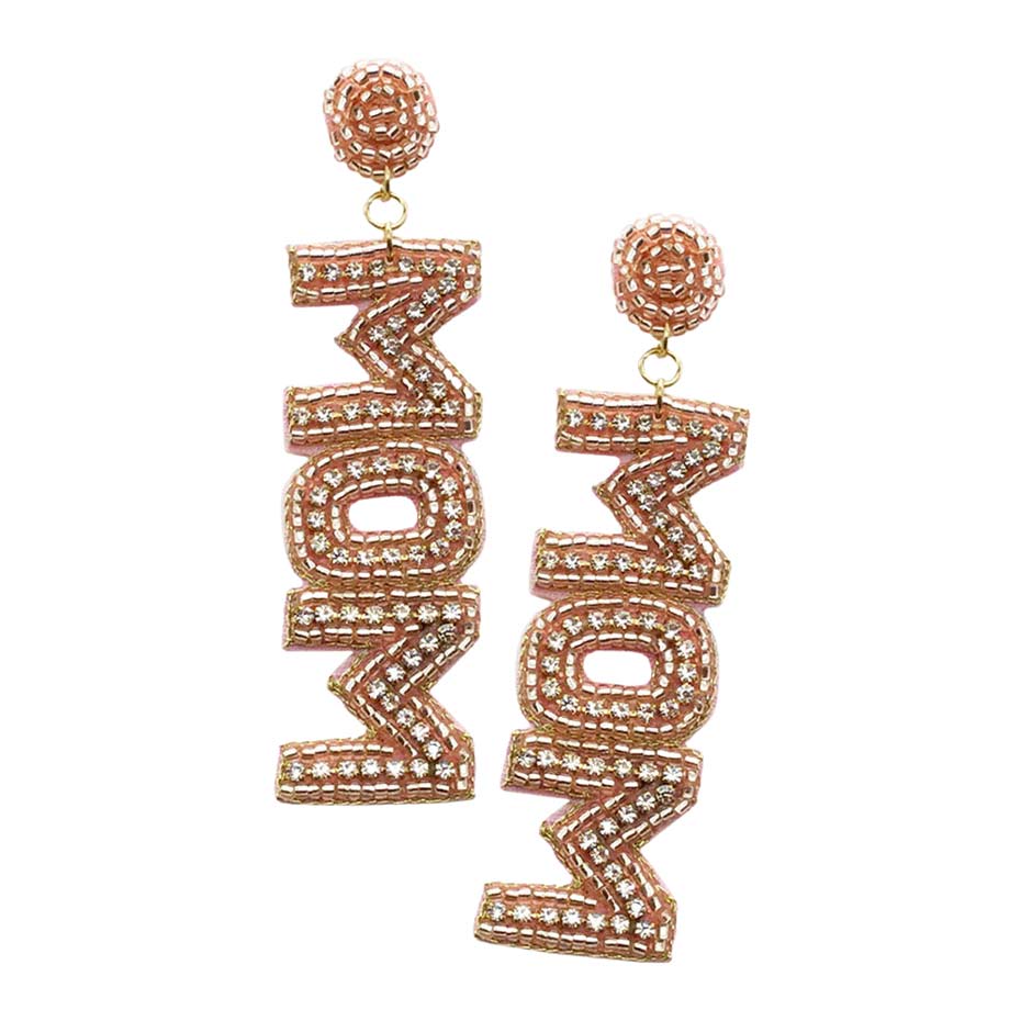 MOM Felt Back Rhinestone Beaded Message Dangle Earrings