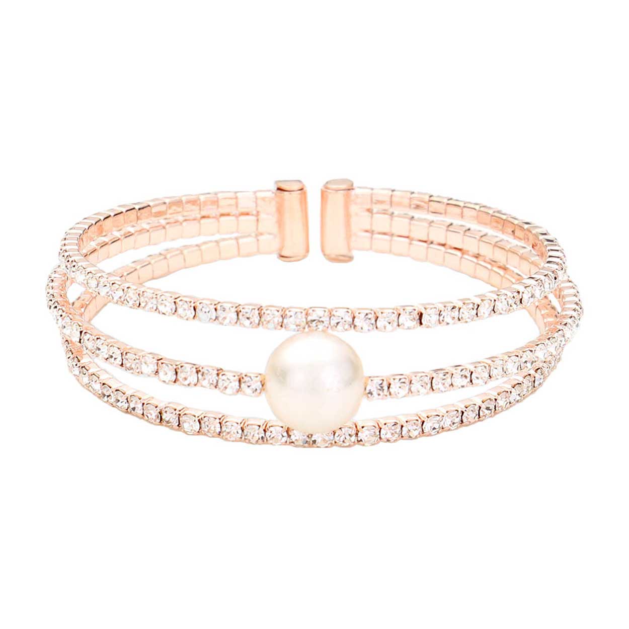 Pearl Accented Split Rhinestone Evening Cuff Bracelet