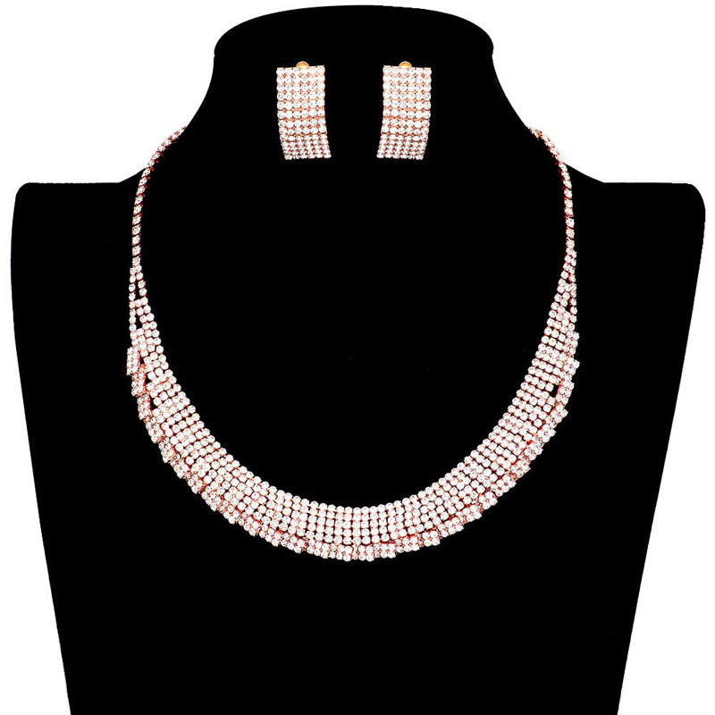 Trendy Crystal Rhinestone Pave Collar Necklace Earring Set