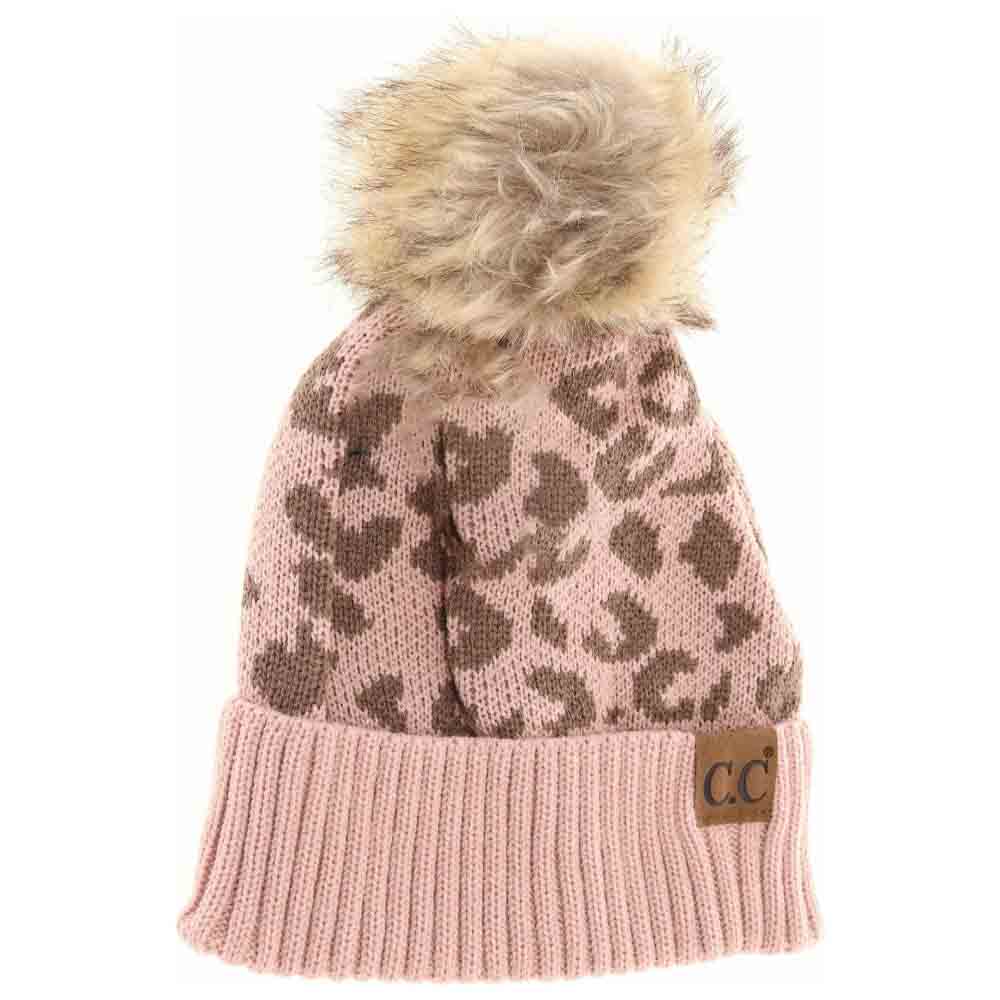 Leopard Pattern Fur Pom C.C Beanie