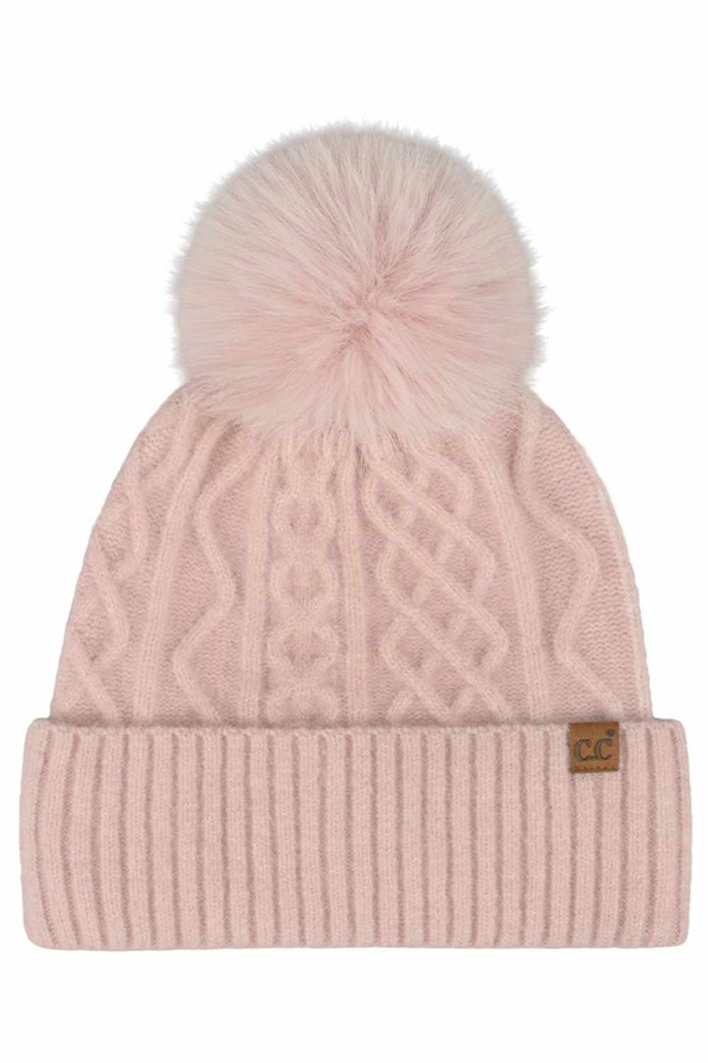 C.C Cable Knit Pattern Pom and Cuff Solid Beanie