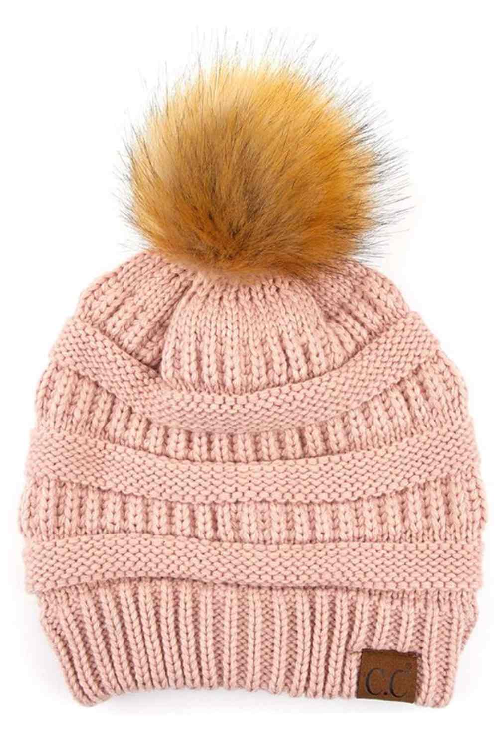 C.C Solid Ribbed Knit Beanie with Pom