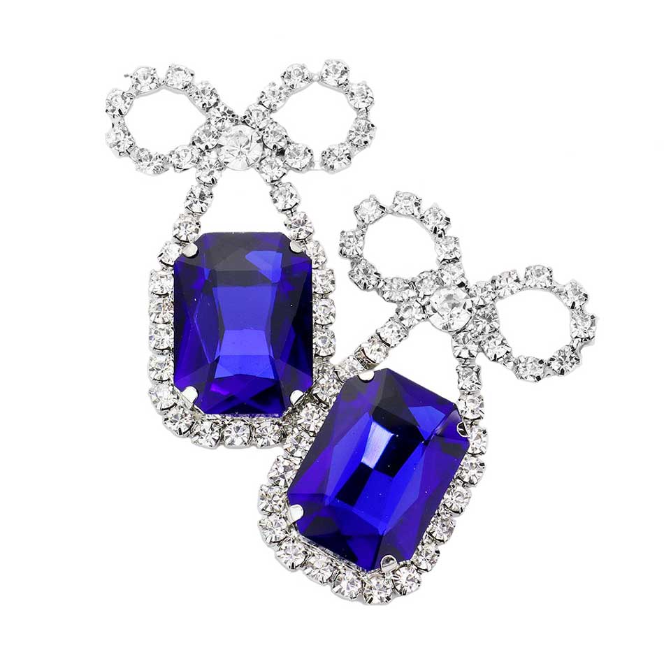 Rhinestone Bow Emerald Cut Stone Evening Earrings