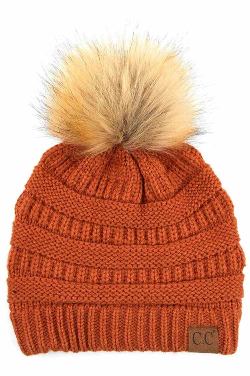 C.C Solid Ribbed Knit Beanie with Pom