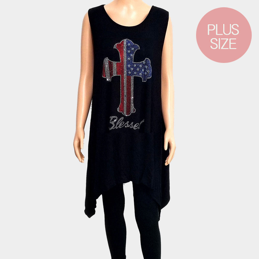 Blessed Cross Crystal Embellished Plus Size Sleeveless Top
