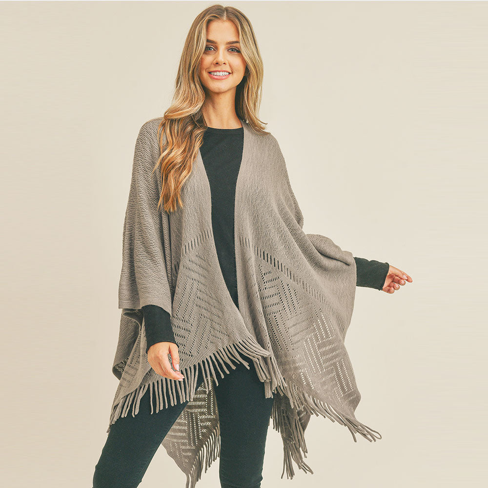 Herringbone Knit Fringe Ruana Poncho