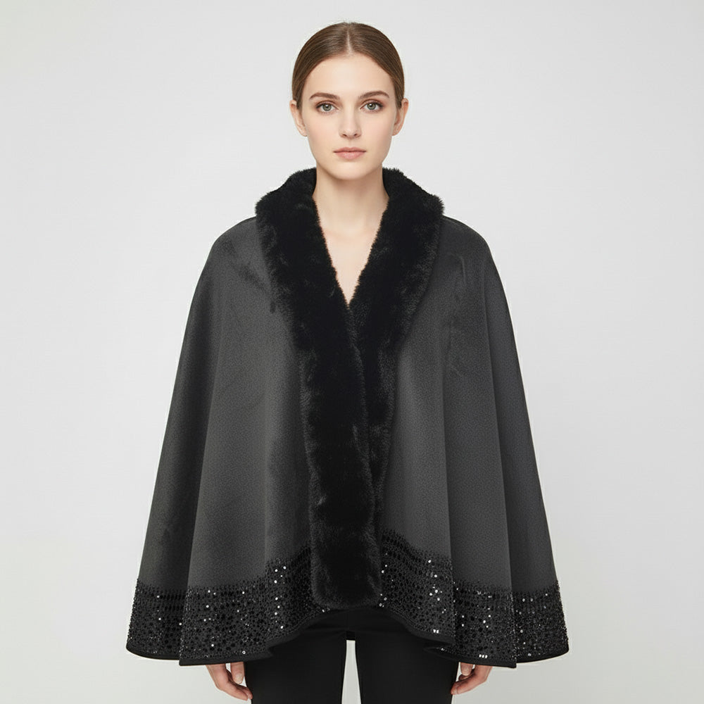 Faux Fur Trim Rhinestone Embellished Hem Poncho Shawl